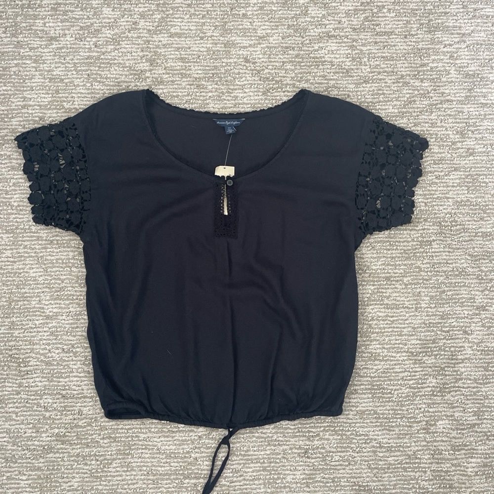 American Eagle Outfitters Black Crochet Sleeve Top